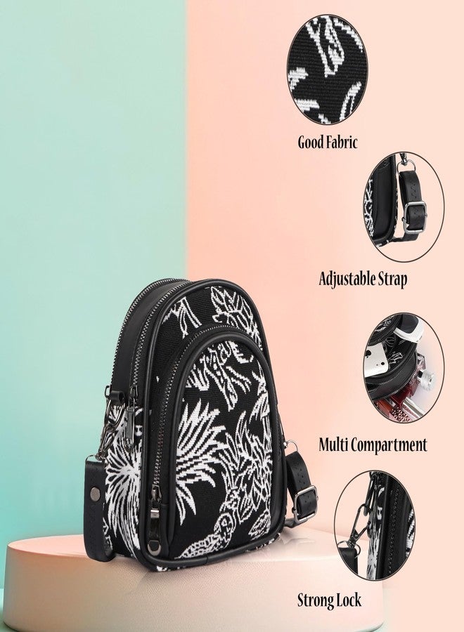 CULT FACTORY Fancy Black Sling Bag for Women Floral Print Side Purse for Girls with 3 Compartments and Long Belt Mobile Slingbag - Image 5